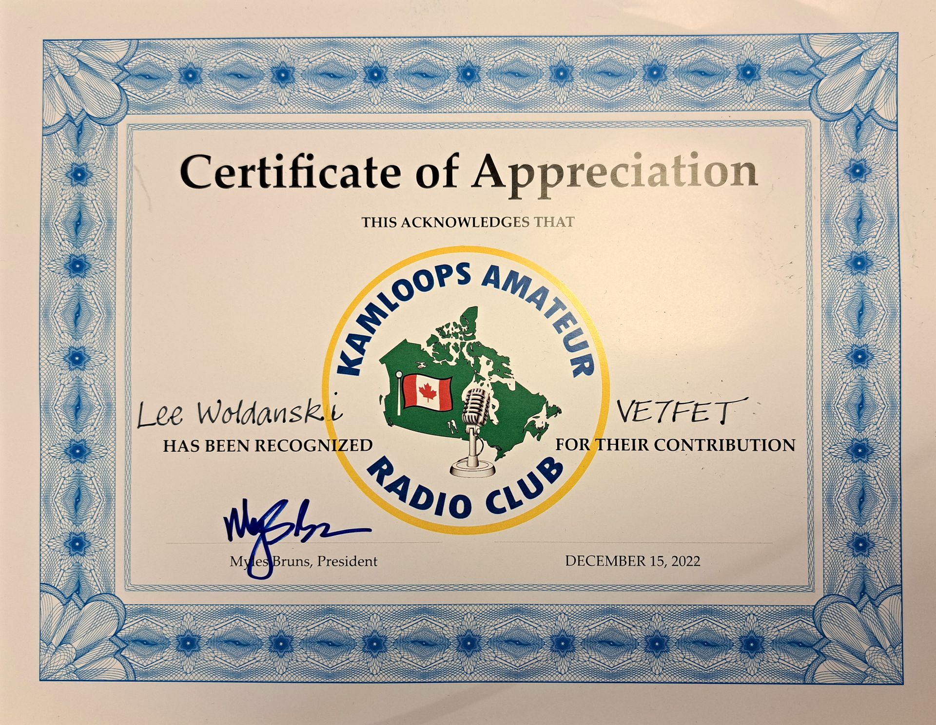 2022 KARC Certificate of Appreciation